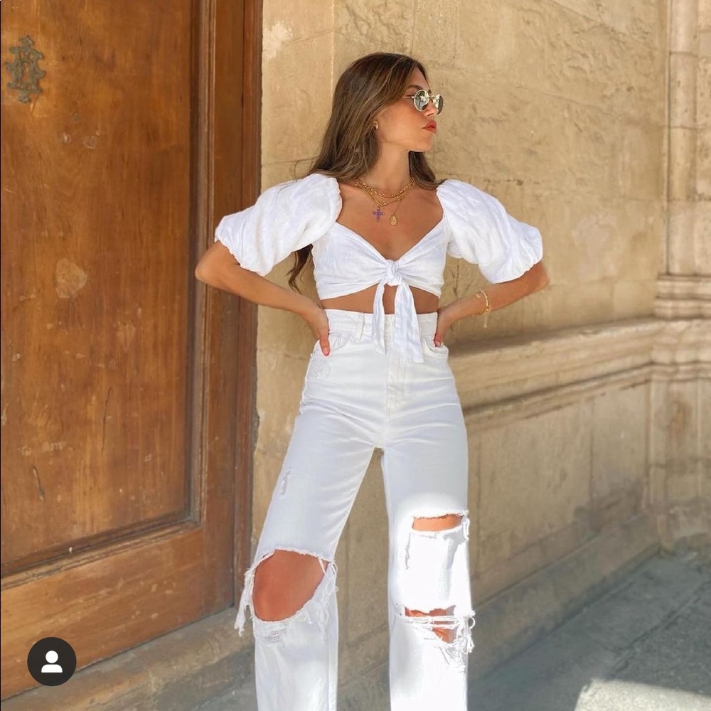 Zara Straight Fit Full Length Ripped Jeans White